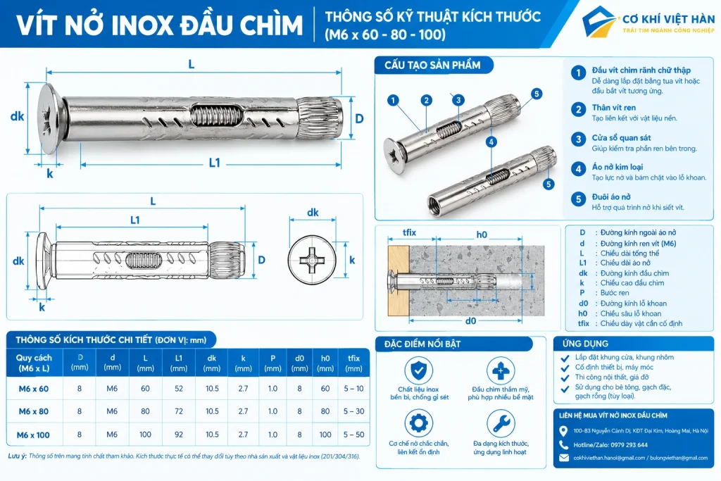 TSKT Vít nở inox đầu chìm